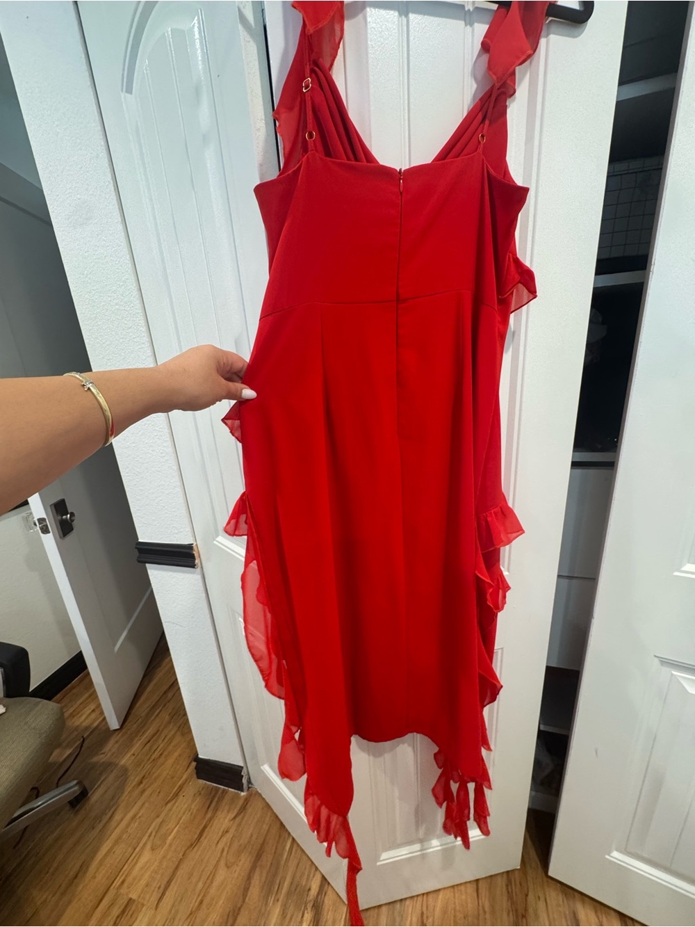 Red Ruffle High-Low Dress with Draped Neckline - Picture 4 of 4